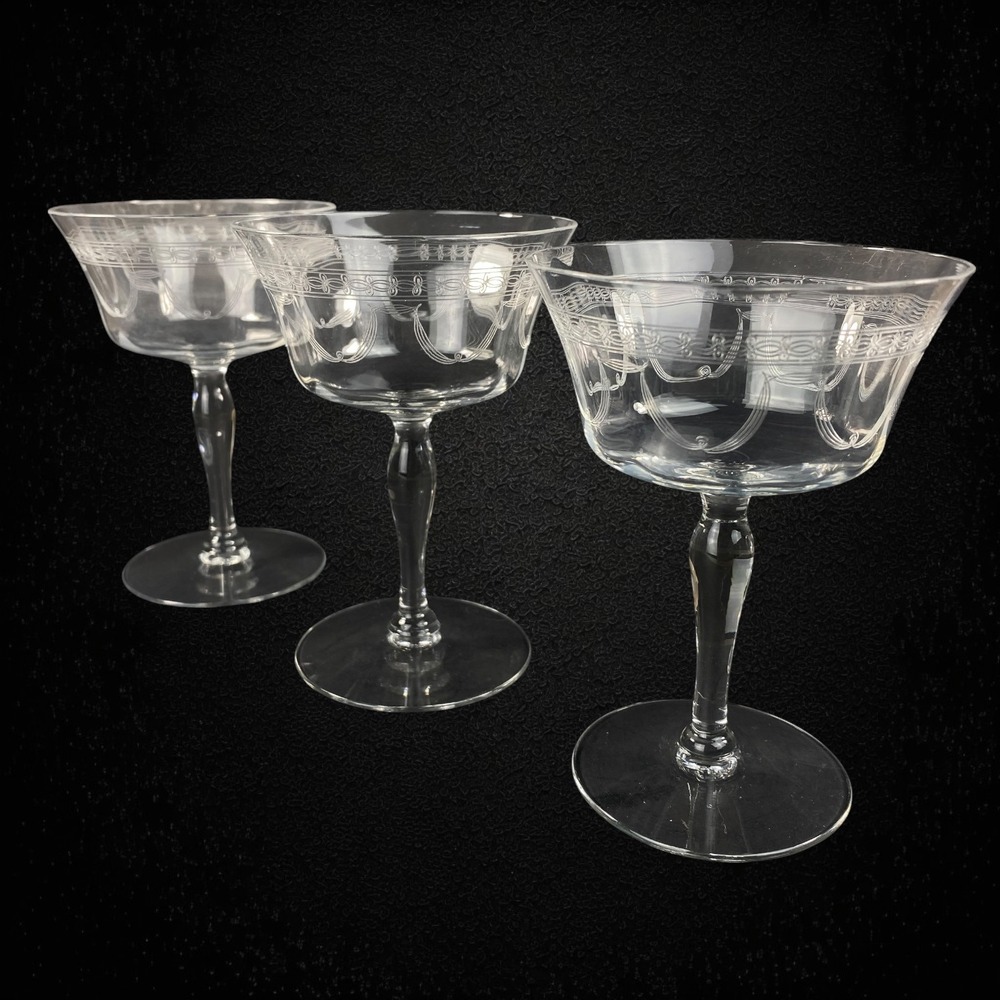 Fostoria Sherman Champagne Sherbet Glasses Set 3 Etched 1925-1930 Stemware